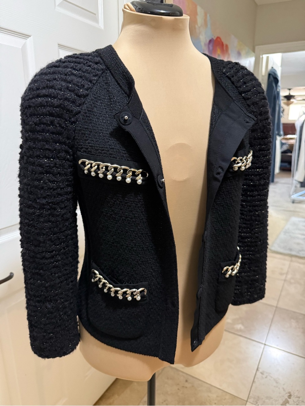 ST JOHN COUTURE Black Knit Jacket with Gold Chain Detail - Picture 7 of 8
